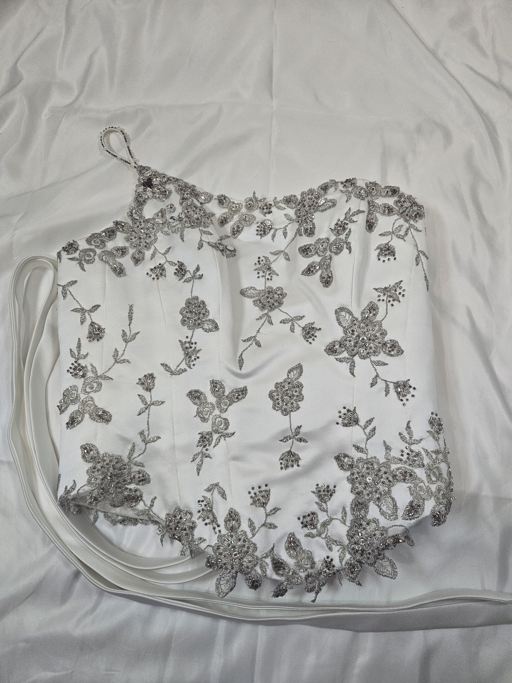 Maggie Sottero Couture White Satin Corset with Silver Beaded Embroidery